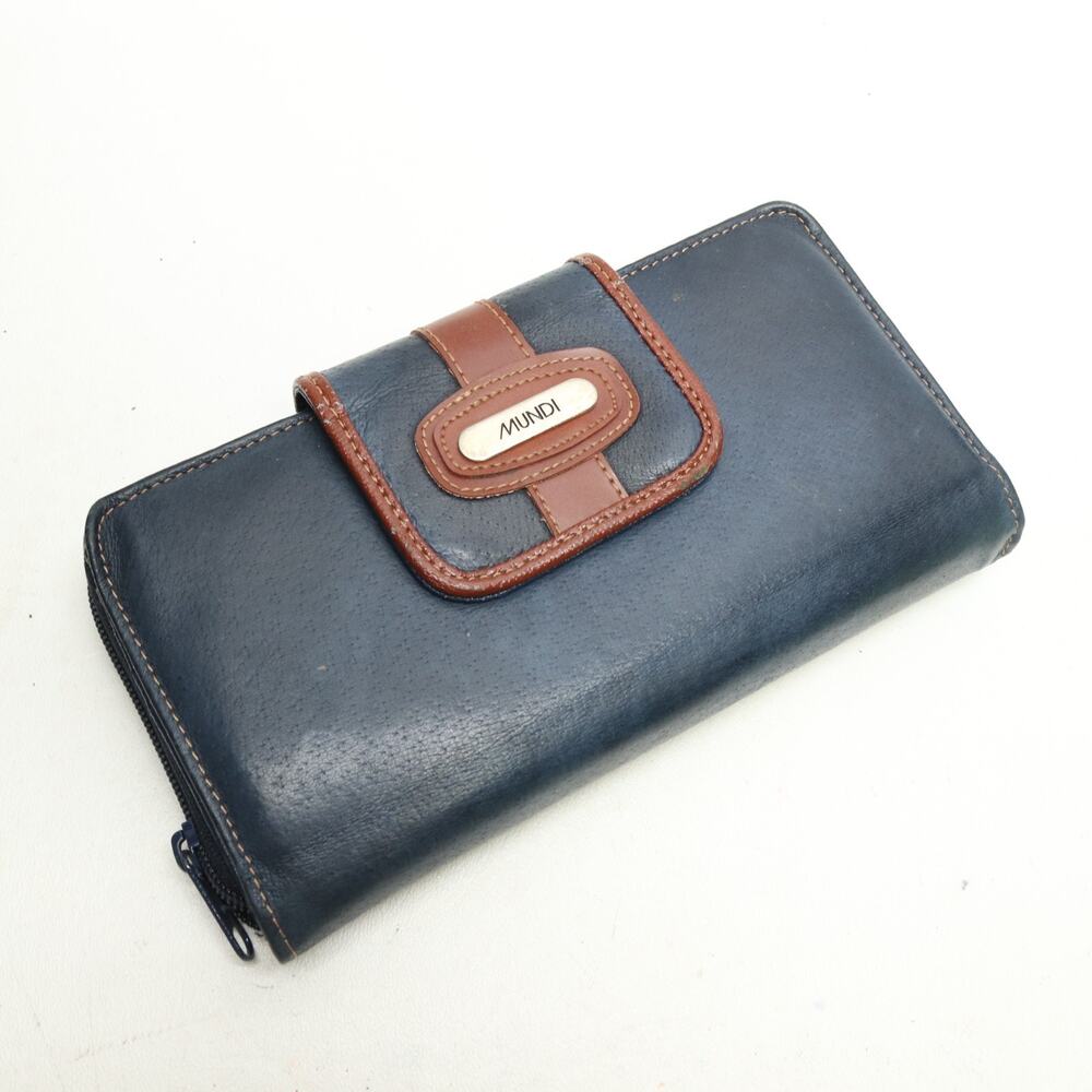 Vtg Mundi Clutch Wallet Women Blue Tan Leather Zip Around Organizer Tab Cards ID